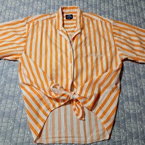 Dockers Women 100% Cotton Front Pocket Orange and White Striped Casual Shirt
